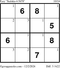 The grouppuzzles.com Easy Sudoku-4-5678 puzzle for Monday December 2, 2024 with the first 3 steps marked