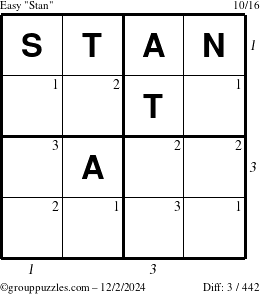 The grouppuzzles.com Easy Stan puzzle for Monday December 2, 2024 with all 3 steps marked