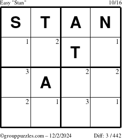 The grouppuzzles.com Easy Stan puzzle for Monday December 2, 2024 with the first 3 steps marked