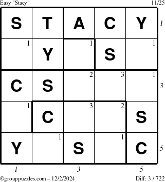 The grouppuzzles.com Easy Stacy puzzle for Monday December 2, 2024 with all 3 steps marked