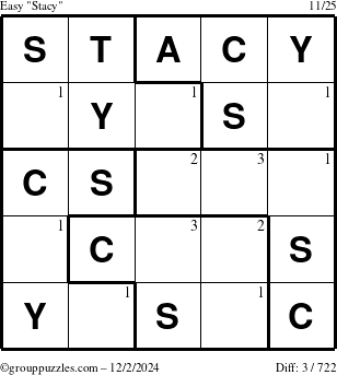 The grouppuzzles.com Easy Stacy puzzle for Monday December 2, 2024 with the first 3 steps marked