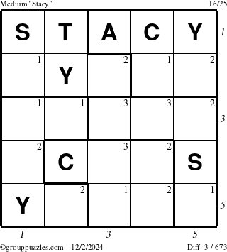 The grouppuzzles.com Medium Stacy puzzle for Monday December 2, 2024 with all 3 steps marked