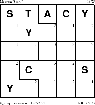 The grouppuzzles.com Medium Stacy puzzle for Monday December 2, 2024 with the first 3 steps marked