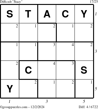 The grouppuzzles.com Difficult Stacy puzzle for Monday December 2, 2024 with all 4 steps marked