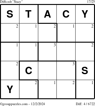 The grouppuzzles.com Difficult Stacy puzzle for Monday December 2, 2024 with the first 3 steps marked