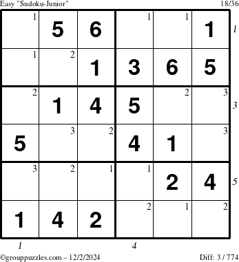 The grouppuzzles.com Easy Sudoku-Junior puzzle for Monday December 2, 2024 with all 3 steps marked