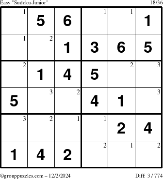 The grouppuzzles.com Easy Sudoku-Junior puzzle for Monday December 2, 2024 with the first 3 steps marked