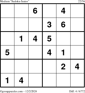 The grouppuzzles.com Medium Sudoku-Junior puzzle for Monday December 2, 2024