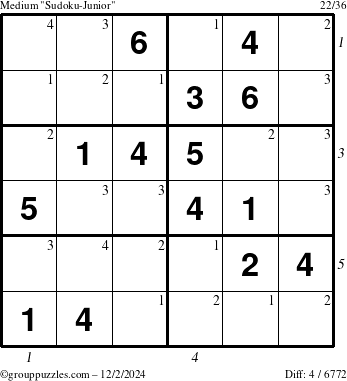 The grouppuzzles.com Medium Sudoku-Junior puzzle for Monday December 2, 2024 with all 4 steps marked