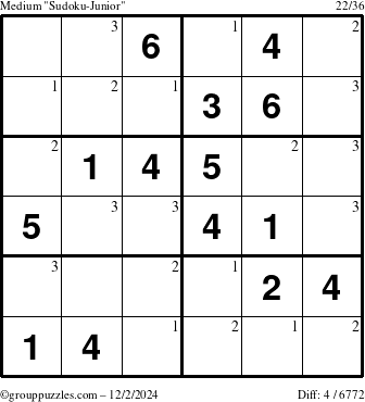 The grouppuzzles.com Medium Sudoku-Junior puzzle for Monday December 2, 2024 with the first 3 steps marked