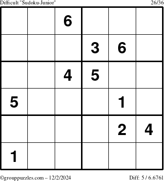 The grouppuzzles.com Difficult Sudoku-Junior puzzle for Monday December 2, 2024