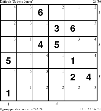 The grouppuzzles.com Difficult Sudoku-Junior puzzle for Monday December 2, 2024 with all 5 steps marked