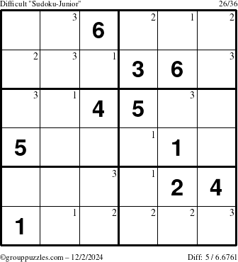 The grouppuzzles.com Difficult Sudoku-Junior puzzle for Monday December 2, 2024 with the first 3 steps marked