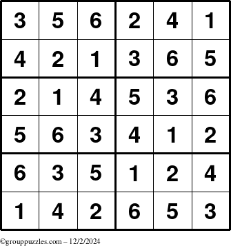 The grouppuzzles.com Answer grid for the Sudoku-Junior puzzle for Monday December 2, 2024