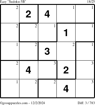 The grouppuzzles.com Easy Sudoku-5B puzzle for Monday December 2, 2024 with the first 3 steps marked