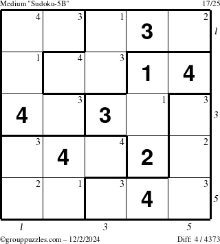 The grouppuzzles.com Medium Sudoku-5B puzzle for Monday December 2, 2024, suitable for printing, with all 4 steps marked