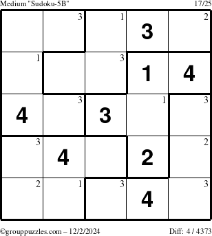 The grouppuzzles.com Medium Sudoku-5B puzzle for Monday December 2, 2024 with the first 3 steps marked