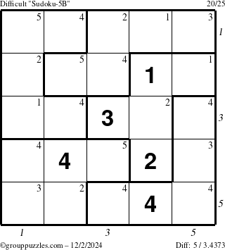 The grouppuzzles.com Difficult Sudoku-5B puzzle for Monday December 2, 2024 with all 5 steps marked