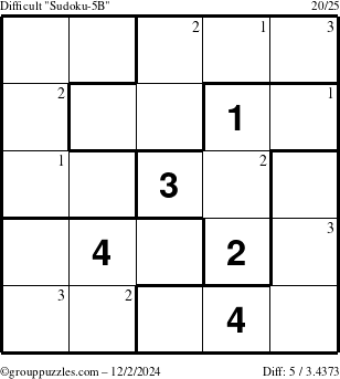 The grouppuzzles.com Difficult Sudoku-5B puzzle for Monday December 2, 2024 with the first 3 steps marked