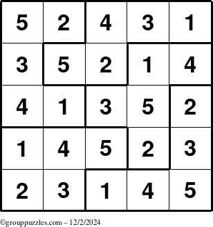 The grouppuzzles.com Answer grid for the Sudoku-5B puzzle for Monday December 2, 2024