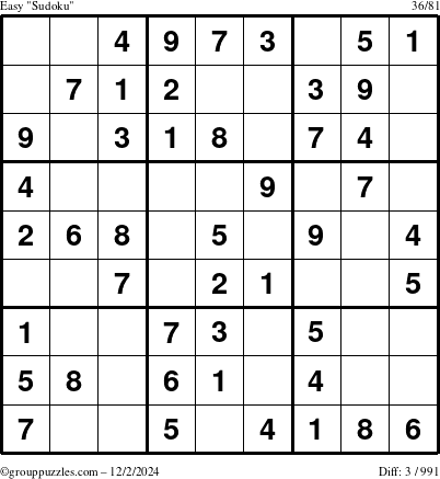 The grouppuzzles.com Easy Sudoku puzzle for Monday December 2, 2024