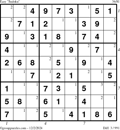 The grouppuzzles.com Easy Sudoku puzzle for Monday December 2, 2024 with all 3 steps marked