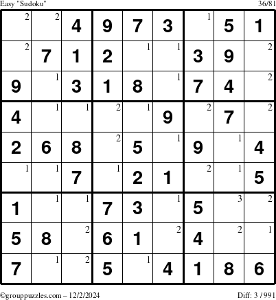 The grouppuzzles.com Easy Sudoku puzzle for Monday December 2, 2024 with the first 3 steps marked