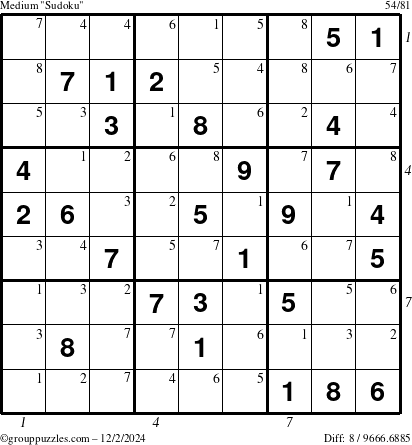 The grouppuzzles.com Medium Sudoku puzzle for Monday December 2, 2024 with all 8 steps marked