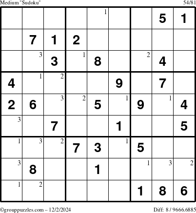 The grouppuzzles.com Medium Sudoku puzzle for Monday December 2, 2024 with the first 3 steps marked