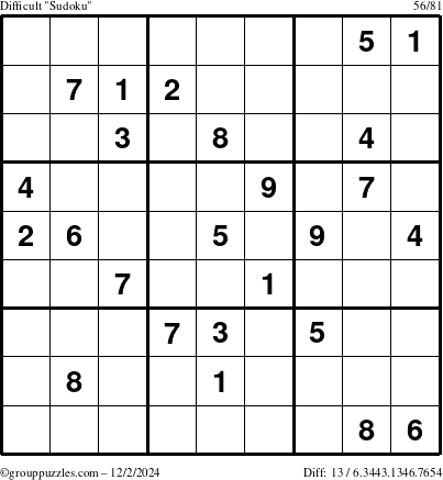 The grouppuzzles.com Difficult Sudoku puzzle for Monday December 2, 2024