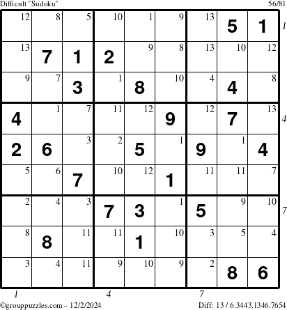 The grouppuzzles.com Difficult Sudoku puzzle for Monday December 2, 2024 with all 13 steps marked