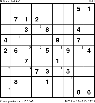 The grouppuzzles.com Difficult Sudoku puzzle for Monday December 2, 2024 with the first 3 steps marked