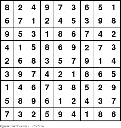 The grouppuzzles.com Answer grid for the Sudoku puzzle for Monday December 2, 2024