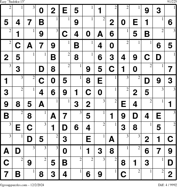 The grouppuzzles.com Easy Sudoku-15 puzzle for Monday December 2, 2024 with the first 3 steps marked