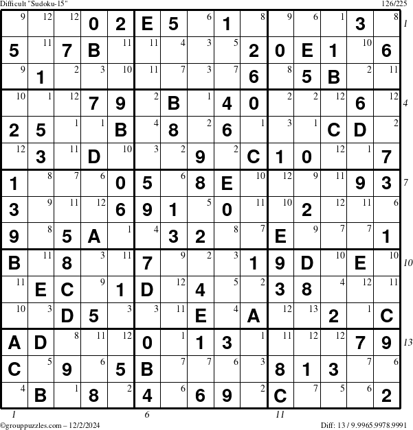 The grouppuzzles.com Difficult Sudoku-15 puzzle for Monday December 2, 2024, suitable for printing, with all 13 steps marked