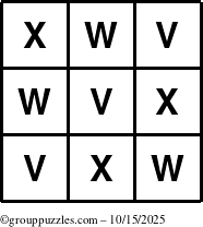 The grouppuzzles.com Answer grid for the TicTac-VWX puzzle for Wednesday October 15, 2025