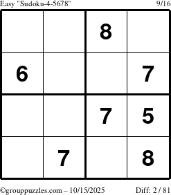 The grouppuzzles.com Easy Sudoku-4-5678 puzzle for Wednesday October 15, 2025