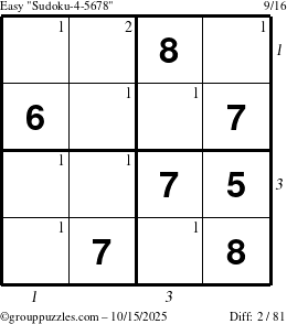 The grouppuzzles.com Easy Sudoku-4-5678 puzzle for Wednesday October 15, 2025 with all 2 steps marked