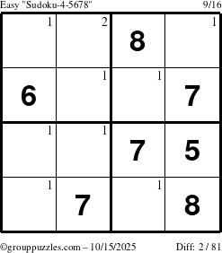 The grouppuzzles.com Easy Sudoku-4-5678 puzzle for Wednesday October 15, 2025 with the first 2 steps marked