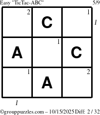 The grouppuzzles.com Easy TicTac-ABC puzzle for Wednesday October 15, 2025 with all 2 steps marked