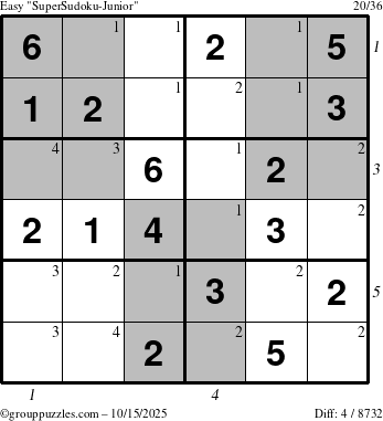 The grouppuzzles.com Easy SuperSudoku-Junior puzzle for Wednesday October 15, 2025 with all 4 steps marked