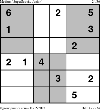 The grouppuzzles.com Medium SuperSudoku-Junior puzzle for Wednesday October 15, 2025