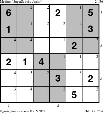 The grouppuzzles.com Medium SuperSudoku-Junior puzzle for Wednesday October 15, 2025 with all 4 steps marked