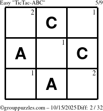 The grouppuzzles.com Easy TicTac-ABC puzzle for Wednesday October 15, 2025 with the first 2 steps marked