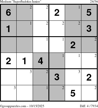 The grouppuzzles.com Medium SuperSudoku-Junior puzzle for Wednesday October 15, 2025 with the first 3 steps marked