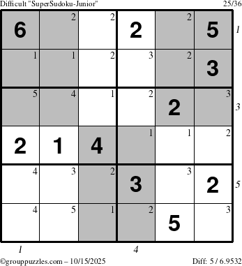 The grouppuzzles.com Difficult SuperSudoku-Junior puzzle for Wednesday October 15, 2025 with all 5 steps marked