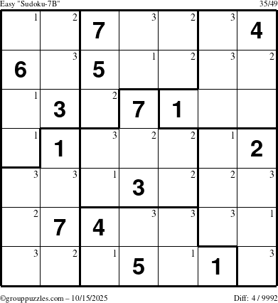 The grouppuzzles.com Easy Sudoku-7B puzzle for Wednesday October 15, 2025 with the first 3 steps marked