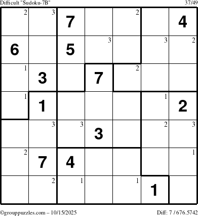 The grouppuzzles.com Difficult Sudoku-7B puzzle for Wednesday October 15, 2025 with the first 3 steps marked