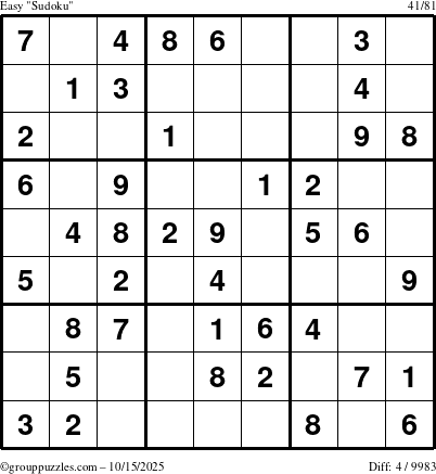The grouppuzzles.com Easy Sudoku puzzle for Wednesday October 15, 2025