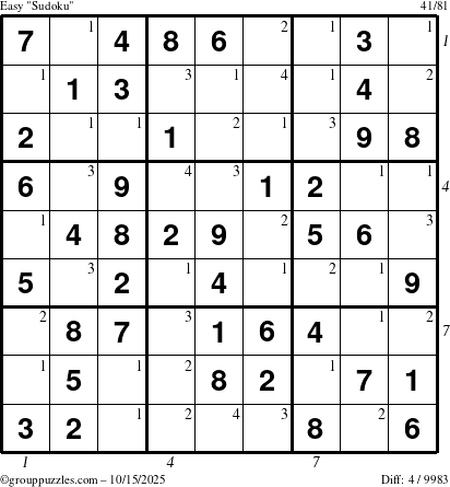 The grouppuzzles.com Easy Sudoku puzzle for Wednesday October 15, 2025 with all 4 steps marked